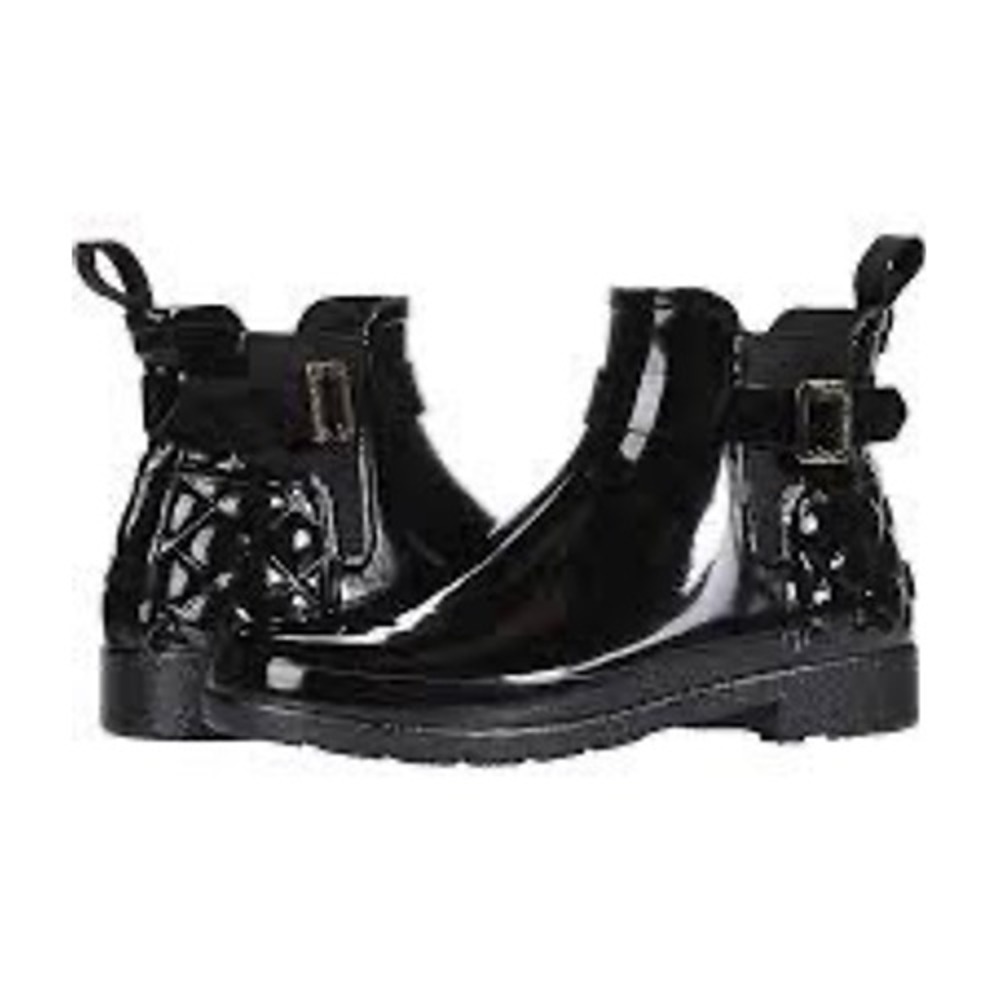 Hunter Refined Gloss Quilted Chelsea Rain Boots Black Ankle Buckle Women US 7